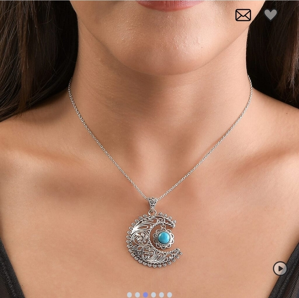 ๐๏ธ Sterling Silver Artisan Crafted Blue Ridge Turquoise Crescent Moon Pendant - Picture 3 of 6